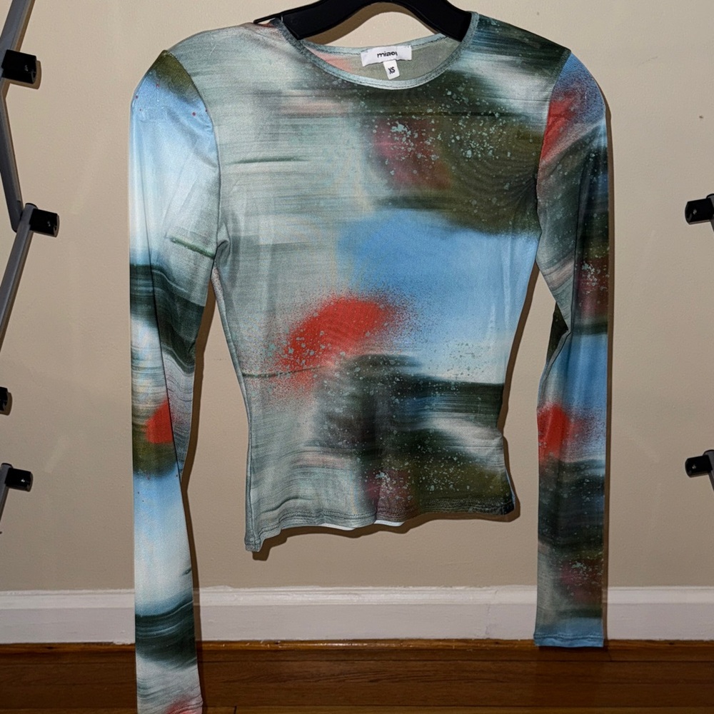 Miaou Multicolor Abstract Long Sleeve Sheer Top